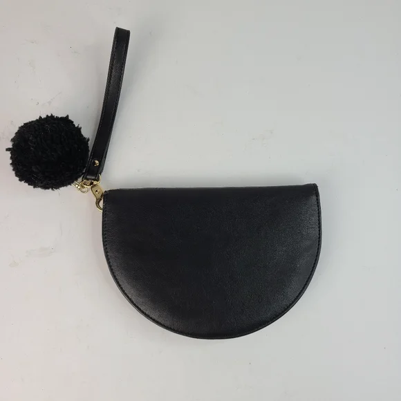💥 3/$30 Ban.do black faux leather clutch wristlet wallet w/attached poof accent - Picture 2 of 13